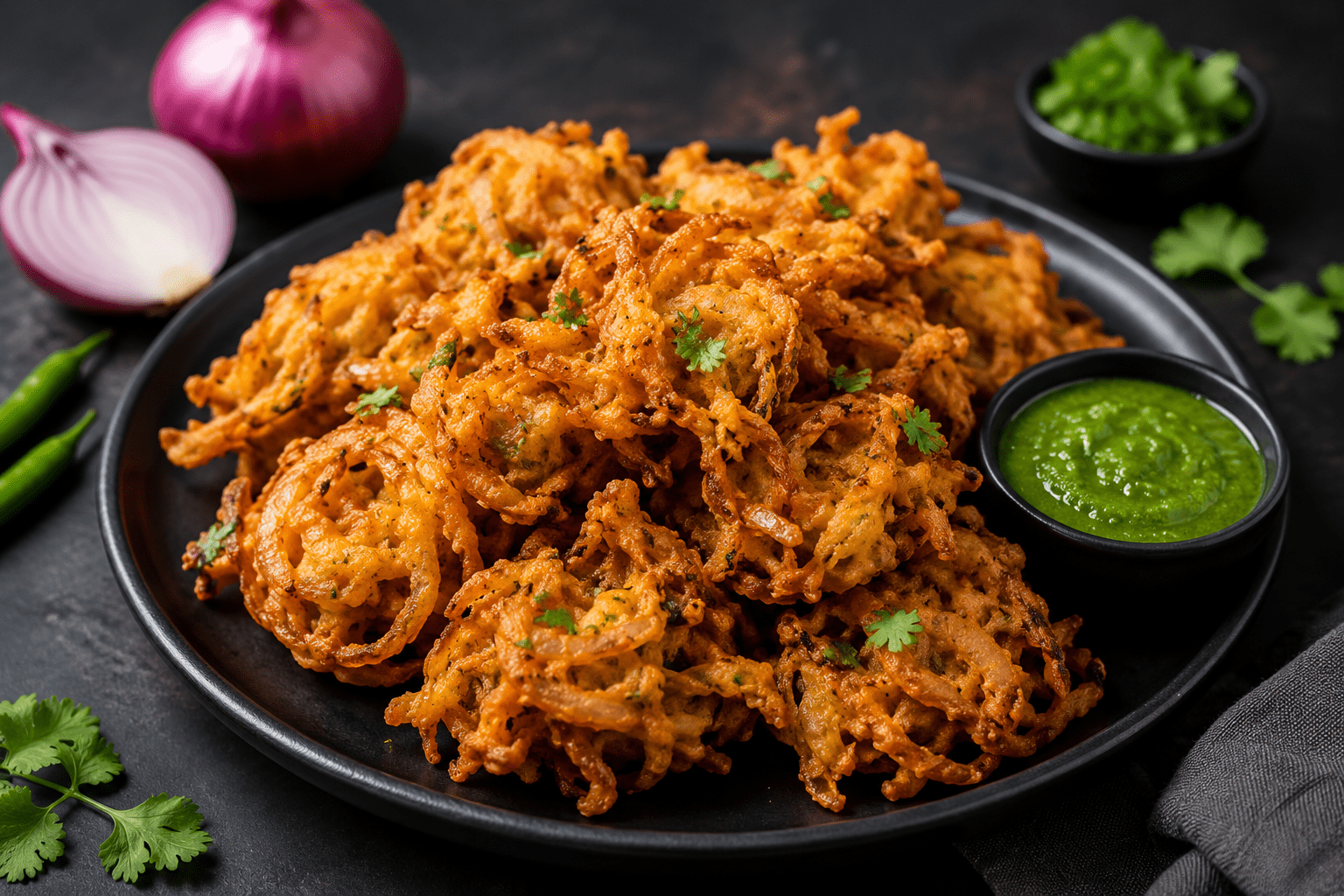 Crispy homemade onion pakoda served with green chutney on a black plate, golden and crunchy Indian tea-time snack.