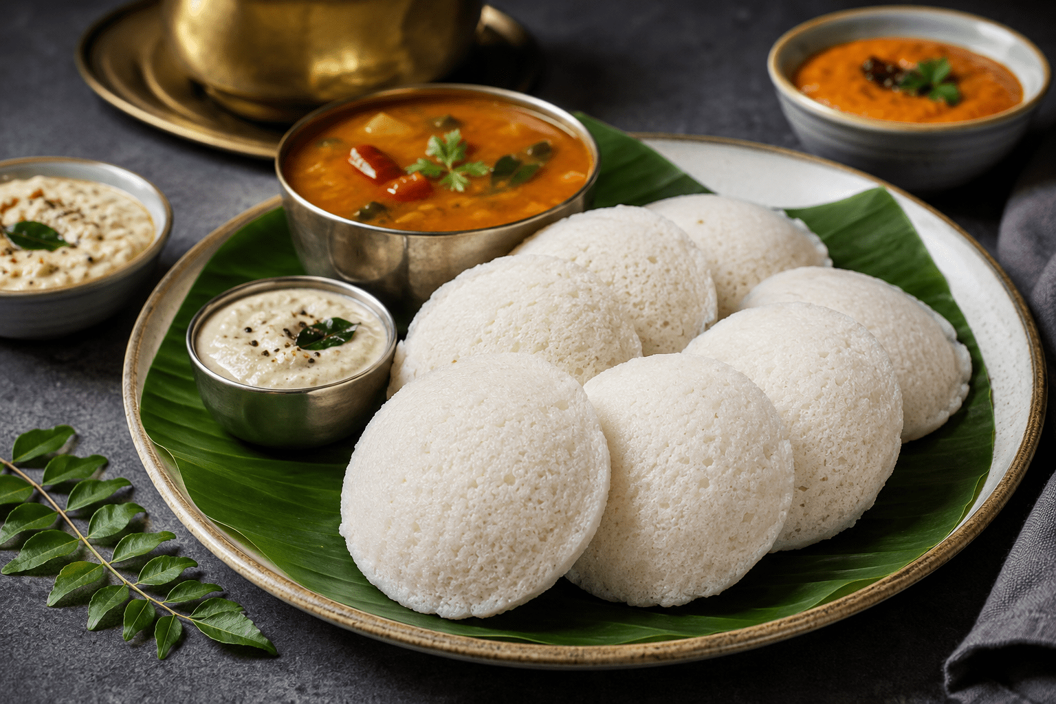 Soft and fluffy homemade Idli served with sambar and coconut chutney on a banana leaf, authentic South Indian breakfast recipe.