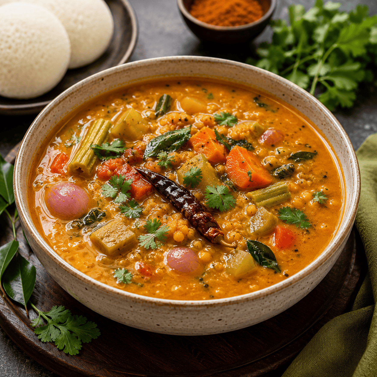 Traditional South Indian sambar made with toor dal, fresh vegetables, tamarind, and aromatic spices served in a ceramic bowl with soft idli.